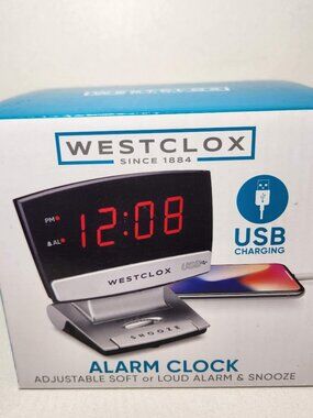 Digital Desk Table Alarm Clock with USB Charging Port Black Silver LED Large 0.9